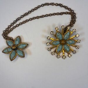 Vintage Double Pin Brooch Ornate‎ Aqua Blue Flowers Victorian Nordic Gold Tone